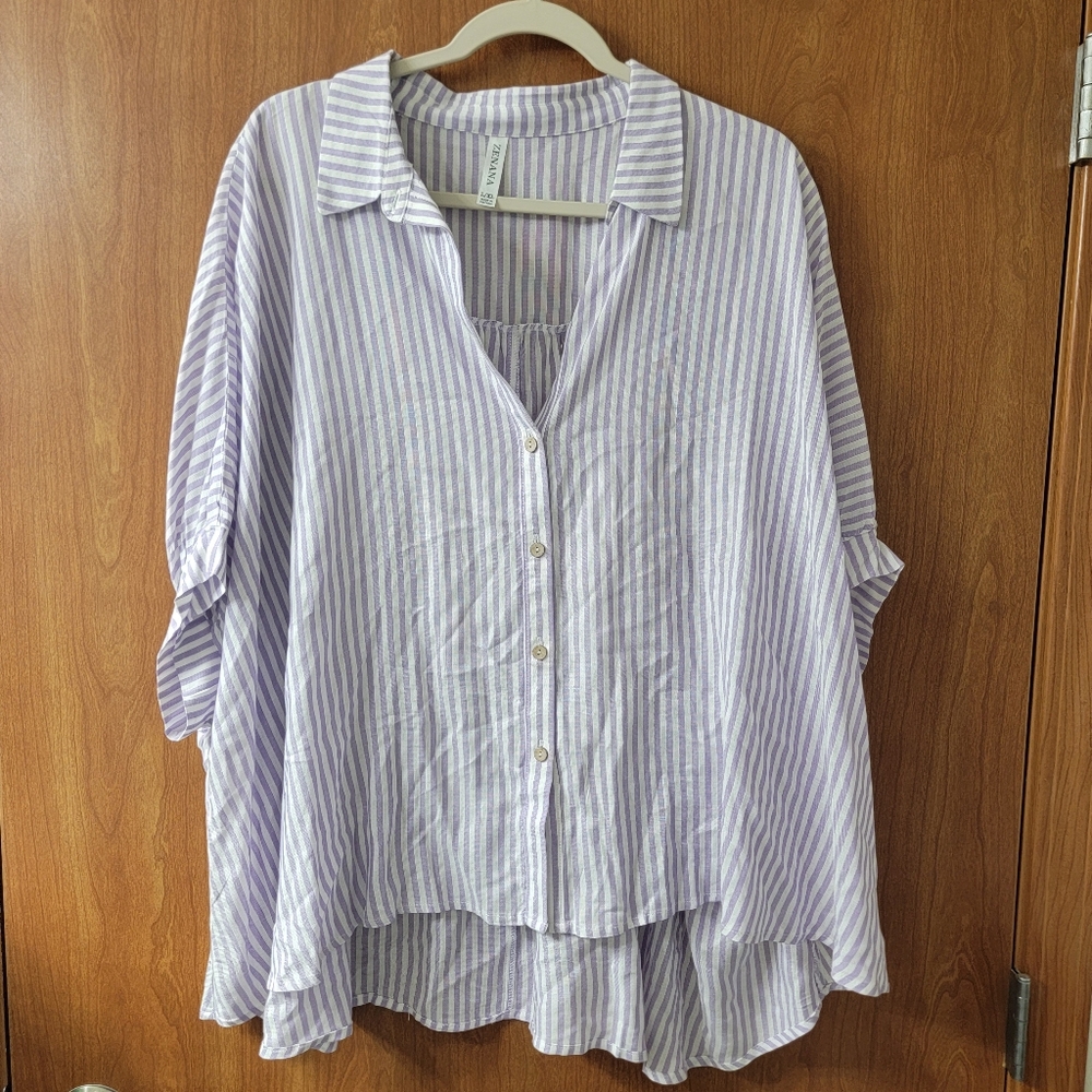 Zenana Outfitters Lavender and White Striped Button-Down Shirt
